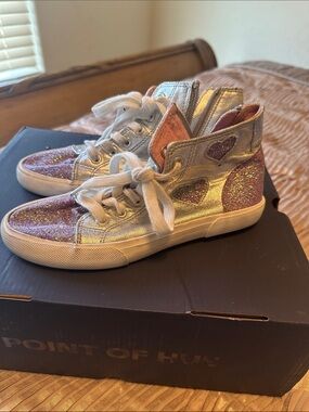 Kids Glitter High-Top Sneakers in Pink and Silver - Sparkle Hearts